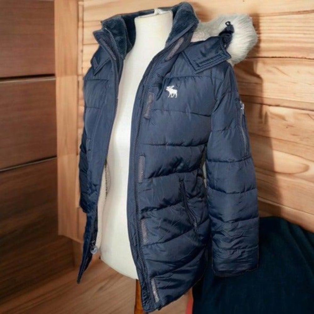 Abercrombie & Fitch Kids Parka Faux Fur Hooded Winter Puffer Jacket Navy Blue